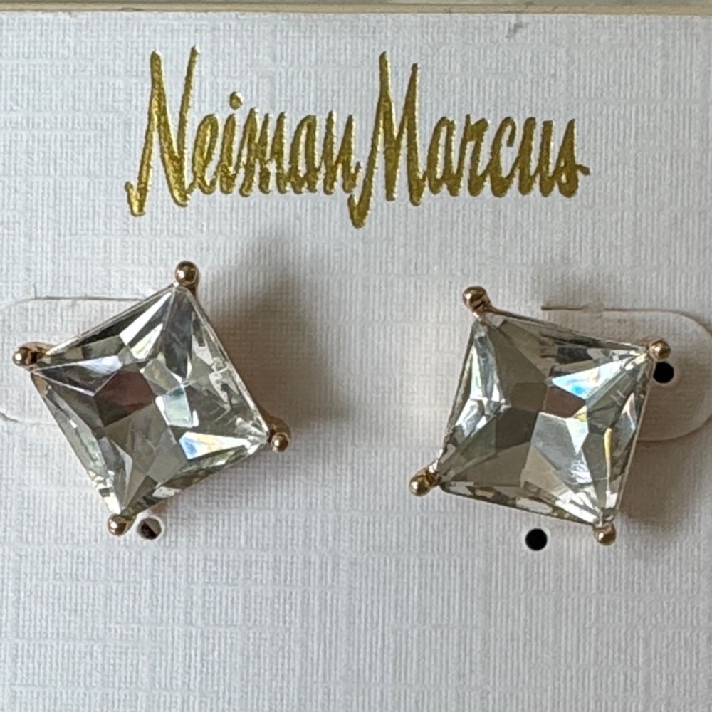 Neiman Marcus Gold-Prong Clear Square Crystal Stud Earrings - NWT